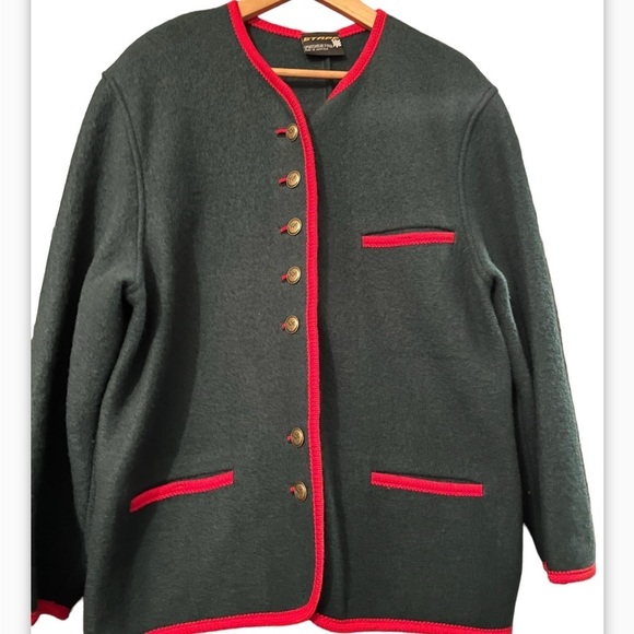 VINTAGE STAPF Sweater Boiled Wool XL Green Metal Button Apres Ski Lodge Austria - Picture 1 of 10